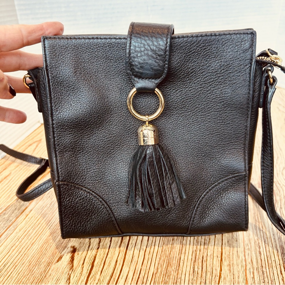 Stylish Talbots Black Leather Crossbody with Tassel